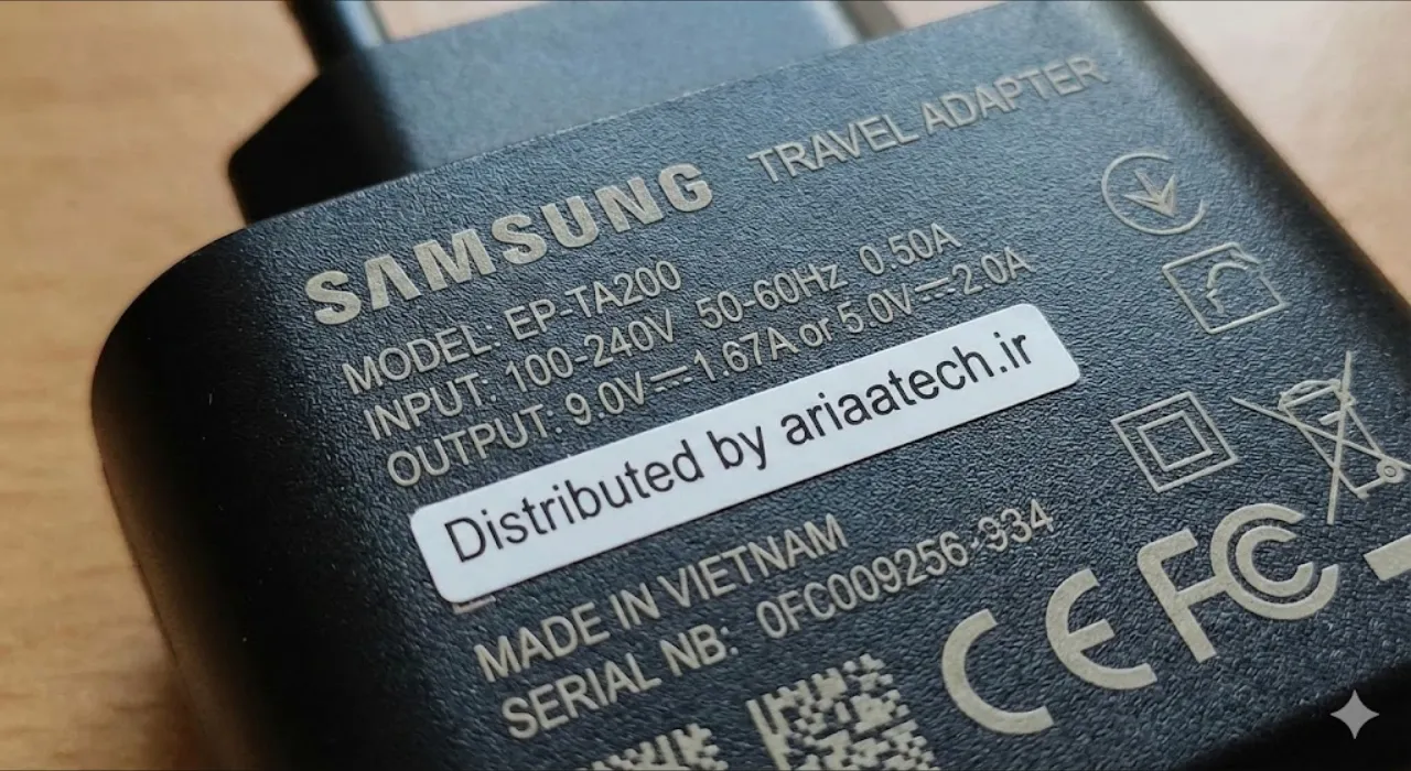 مقایسه نوشته های روی شارژر اصلی و تقلبی سامسونگ